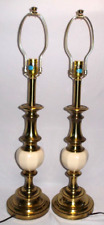 Pair Vintage Stiffel Ivory Enamel & Brass Table Lamps With 3-Way Lights #6082 picture