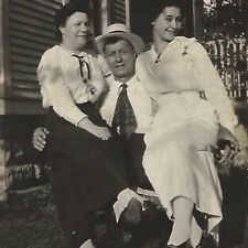 Vintage Snapshot Photo Two Women Sitting On Mans Lap 1916 1910s picture