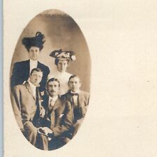 c1900s UDB Classy Group Portrait RPPC Oval Real Photo Fancy Hats Fashion PC A213 picture