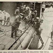 1914 WW1 Print Deep Sea Diver Examines Battleship Navy Ship Antique Military  picture