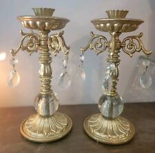 Vintage Dilly Gold Metal Crystal Glass Candlestick Holders Hollywood Regency  picture