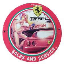 FERRARI SALES & SERVICE PINUP GIRL STYLE  PORCELAIN GAS & OIL CAR PUMP AUTO SIGN picture