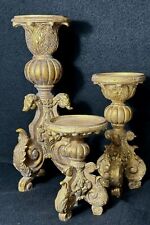 Set of 3 Different Sized Matching Bronze Gold Ornate Candle Holders Resin picture
