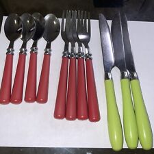 Vintage Stainless Red Handle Silverware Spoons Fork & Green Hamilton Knives - 11 picture