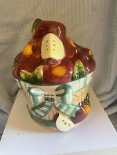 Vintage Retro 1999 Young’s Ceramic Cookie Jar  Apple & Wood Pattern W/Bow picture