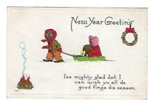 c1913 S.Bergman New Years Postcard Young Boy Pulling Little Girl in Sled picture