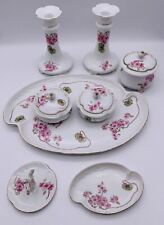 Vintage 11 Piece Porcelain China Vanity Set Pink & Green Floral with Gold Trim picture