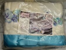 Vtg Beacon Floral 72x90 Blanket Twin Full Blue Turquoise Satin Trim USA NEW picture