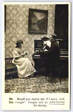 RPPC Comic Card, Man Asking Woman to Marry if Rich, Piano, Knitting, Posted 1907 picture