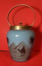 Antique Azur Opaline Glass Egyptian Scene Hand Painted Biscuit Jar EPNS Encased picture