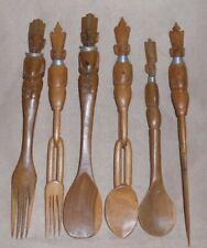 Retro Tiki Wood Serving Set Forks Spoons 6 Faces Heads BBQ Picnic picture