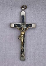 Unusual Antique Silver Plate & Ebony Crucifix w/Skull & Crossbones picture