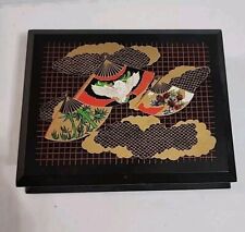 VTG Painted Wood Asian Fans Embellished Lid Of This Stylish And Functuional Card picture