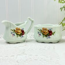 Vintage Arthur Wood Pottery Cream and Sugar Bowl England Green Rose Design picture