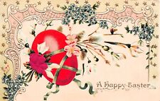 Antique Easter Card Ornate Red Egg Flowers Victorian Lace Vtg Postcard D19 picture