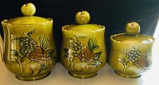 Mid Century California Pottery Avocado Green Fruit Cookie Jar Canister Set Of 3 picture