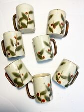 Set of 7 Clay Pottery Coffee Tea Soup Mug Cup Tan Ivory Floral Flowers Pattern  picture