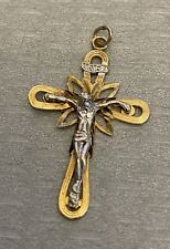 vintage 10K Gold Crucifix Pendant 2-tone White Gold Jesus on Yellow Cross Charm picture