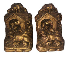 Vintage gold colored Bookends ￼dog puppies cat doghouse picture