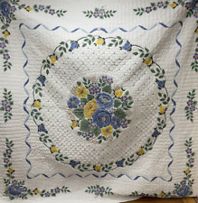 Vintage Quilt Hand Made Cross Stitched Florals 87” X 90”  Farm Estate Find picture