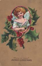Wishing You A Merry Christmas Angel Holly Berry Postcard D51 picture