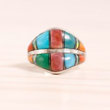 OLD PAWN STERLING BLUE TURQUOISE SPINY OYSTER CORAL OPAL ONYX INLAY RING SZ 5.75 picture