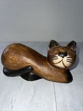 Vintage Mid Century Hand Carved Wooden Folk Art Siamese Cat Figurine picture