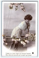 France Postcard RPPC Photo Pretty Woman Hot Air Balloon Flowers c1910's Antique picture