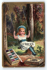 c1880 J & P COATS THREAD S. RADER & CO GIRL BLUE DRESS IN SWING TRADE CARD P1898 picture