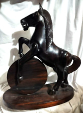 VTG Carved Horse Statue Figurine Hard Wood on Pine Base Hooves Rearing on Wheel  picture