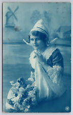 Antique C1913 Lovely Dressed Dutch Girl Cyanotype RPPC Postcard P130 picture