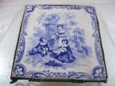 Antique 1800's Blue And White Transfer Children Playing Minton Tile Trivet picture