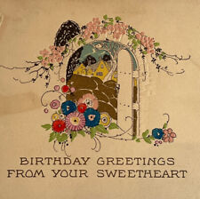 Vintage 1920-30s Ephemera Birthday Card Bifold Litho Print Cottage Posies Ribbon picture