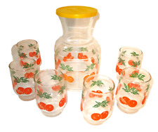 Vtg Federal Glass Handi-Serv Decanter Orange Juice Pitcher Set w/6 mini tumblers picture