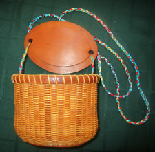 Nantucket Style Handwoven Oval Basket Purse Wood Lid Xbody Strap Initials VTG EC picture