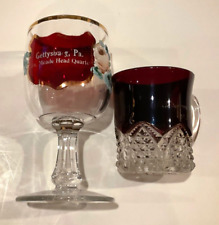 Antique Ruby Flash Gettysburg General Meade Headquarters Wine Glass & Small Cup picture