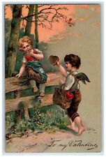 c1910's Valentine Angel Giving Heart Purse Girl Sitting Fence Embossed Postcard picture