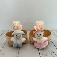 Vtg Set Of 2 - 5” Him & Her Easter Lace Wood Weaved Baskets Bunnies Rabbit picture