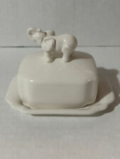 WHITE CERAMIC ELEPHANT HANDLED BUTTER DISH picture
