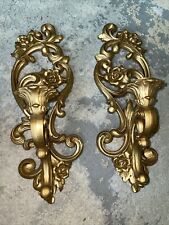 Vintage Pair Of Homco 1971 Ornate Gold Floral Scroll Wall Sconces Candle Holders picture