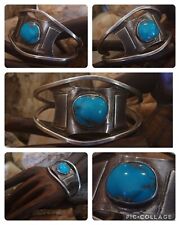 OLD PAWN 1950's Navajo “BLUE GEM TURQUOISE” Wide STERLING SILVER CUFF BRACELET picture