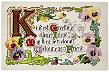 Antique Postcard PMK 1912 MAF Co Embossed KINDEST GREETINGS Pansies picture