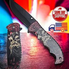 8.25” Skull Ace Of Spade Tactical Folding Pocket Knife Hunting Camping Woodwork picture