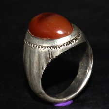 Authentic Old Near Eastern Silver Hakik Carnelian Ring with Decorated Bezel picture