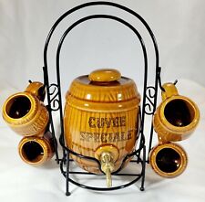 Vintage Cuvee Speciale Decanter Barrel With 4 Glasses On Decorative Metal Rack  picture