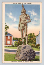 Postcard Massasoit Statue Native American Plymouth MA, Vintage Linen J20 picture