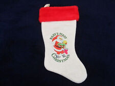 Vtg RENNOC 1982 BABY'S FIRST CHRISTMAS Stocking White Red Santa Claus *Spots picture