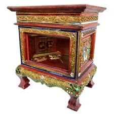 Thai Buddhist Wooden Donate Box Antique Style Temple Glass Decoration Handmade picture