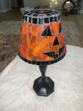 Vtg PartyLite/tiffany Style Orange & Black Pumpkin Face Candle Holder Glass picture