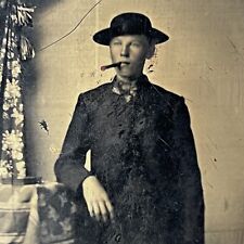 Antique Tintype Photograph Handsome Young Man Teen Smoking Cigar Photo Stand picture